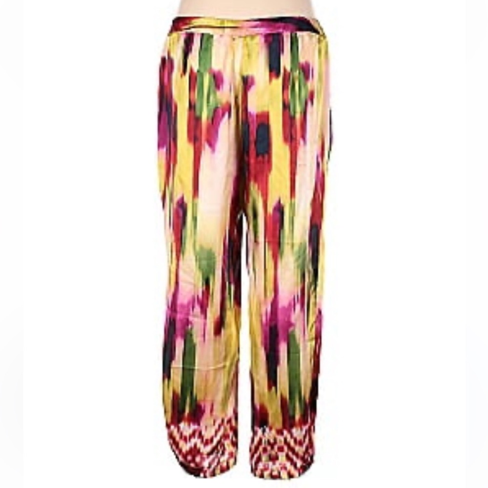 Cabi Harem Pants SILK , in Ikat Colorful Print, Adjustable Snap Cuffs, Size M